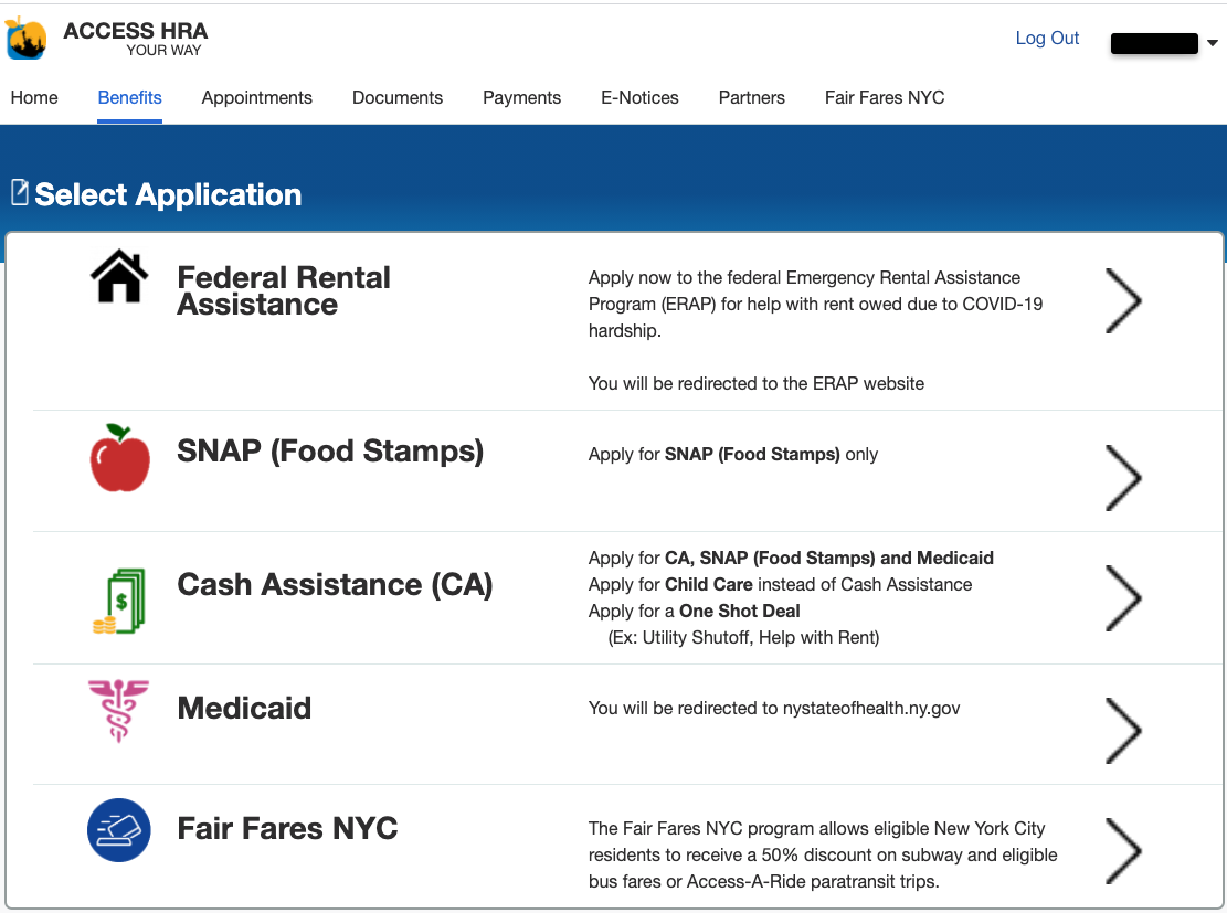 "NYC ACCESS HRA Login page"